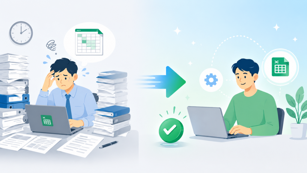 Excelファイルの自動化によって業務効率化する様子