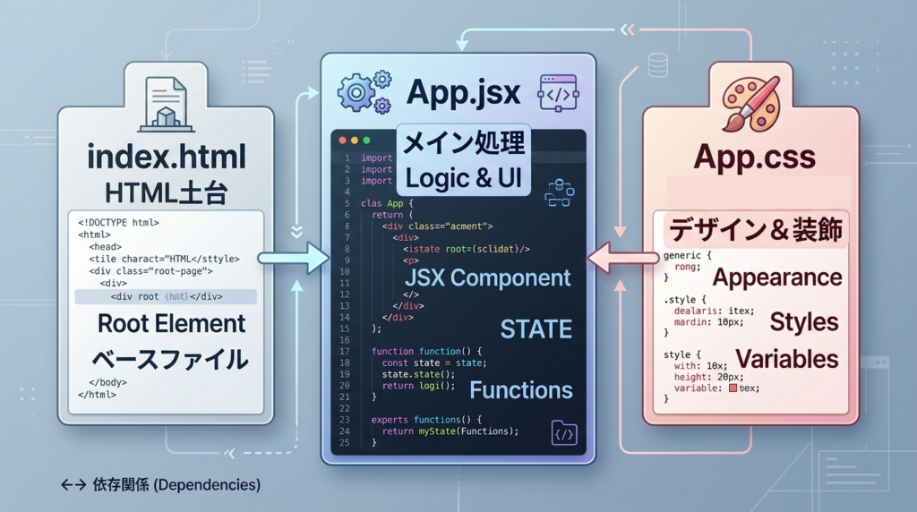 Reactにおけるindex.htmlとapp.jsxとapp.cssの関係