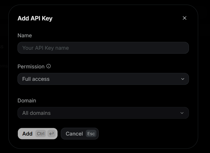 resendのAPIKey取得のための設定画面のスクリーンショット