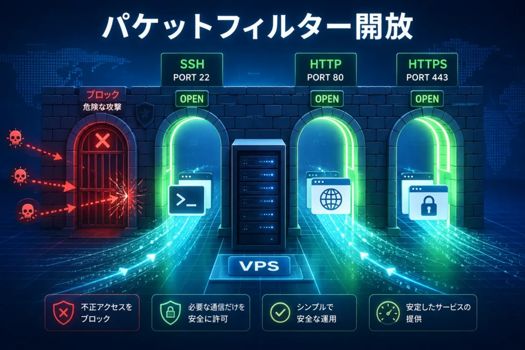 今回のVPSで開放するパケットフィルターの解説