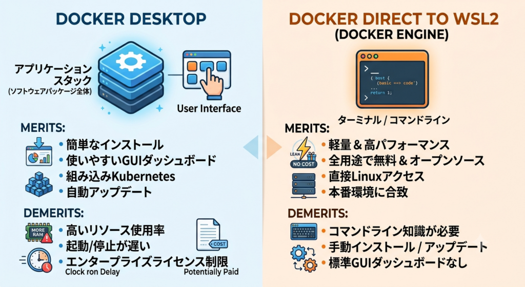 Docker DesktopとWSL2直接構築の機能比較