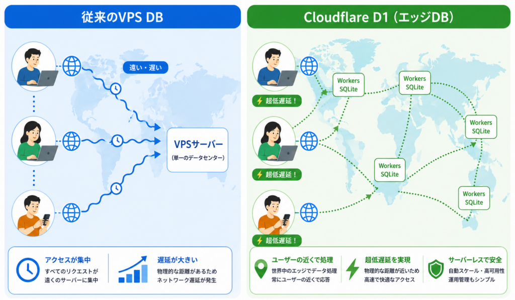 従来のデータベースとcloudflareD1の違い