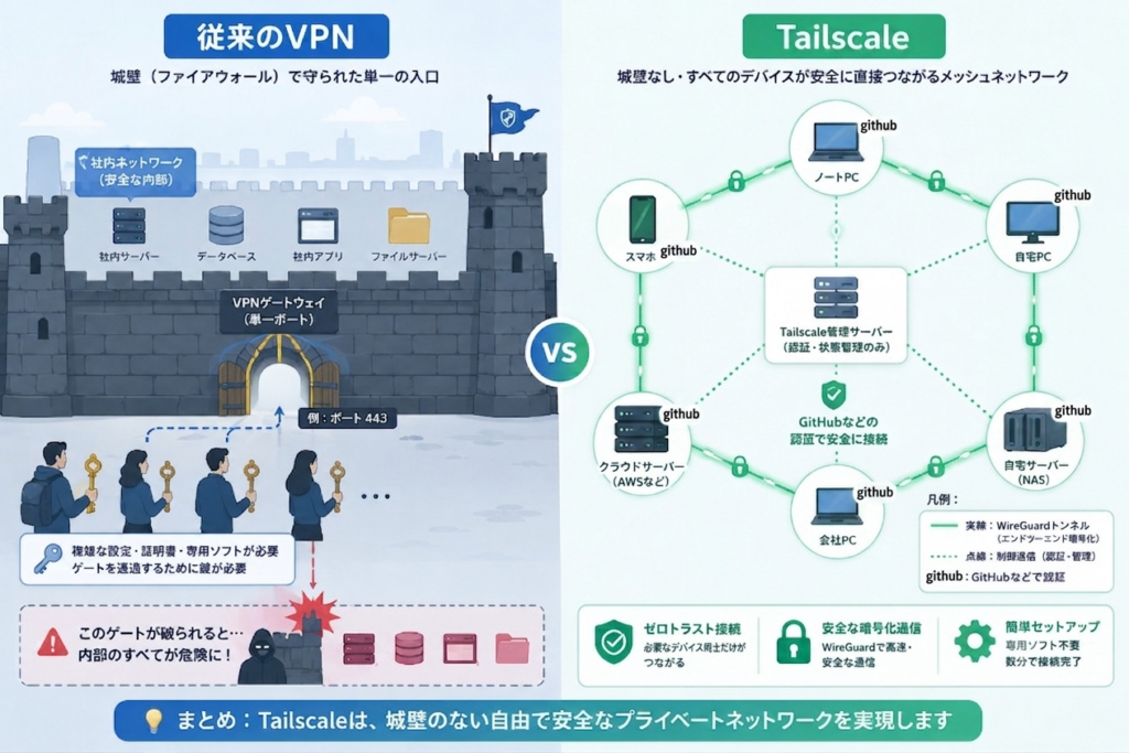 従来のVPNとtailscaleの仕組みの解説