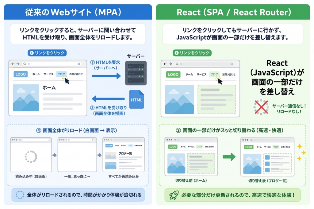 従来のwebサイトとReactのSPAサイトのページ遷移比較