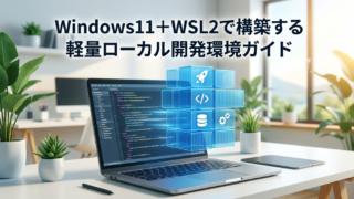 Windows11とWSL2で構築する軽量ローカル開発環境ガイドのアイキャッチ画像。ノートパソコンの上にコンテナが積み上がるイラスト。