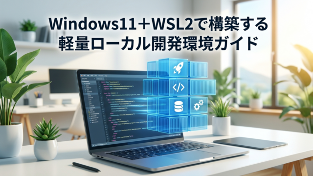 Windows11とWSL2で構築する軽量ローカル開発環境ガイドのアイキャッチ画像。ノートパソコンの上にコンテナが積み上がるイラスト。