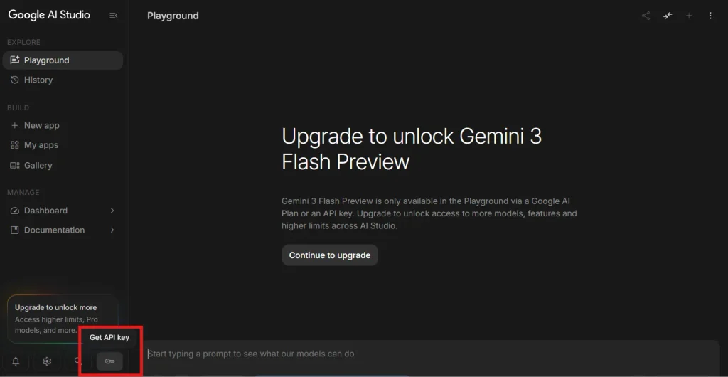 Gemini-API-Keyを取得するページへのアクセスボタンのスクリーンショット