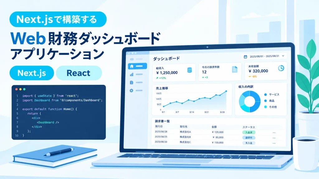 Next.jsとReactで構築する財務ダッシュボードWebアプリケーションのUIイメージ図。売上グラフや請求書一覧テーブル、Next.jsとReactのロゴを配したモダンなインフォグラフィック。