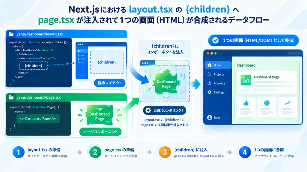 Next.jsのlayout.tsxのchildrenにpage.tsxの内容が注入され、1つの画面に合成される仕組みの図解