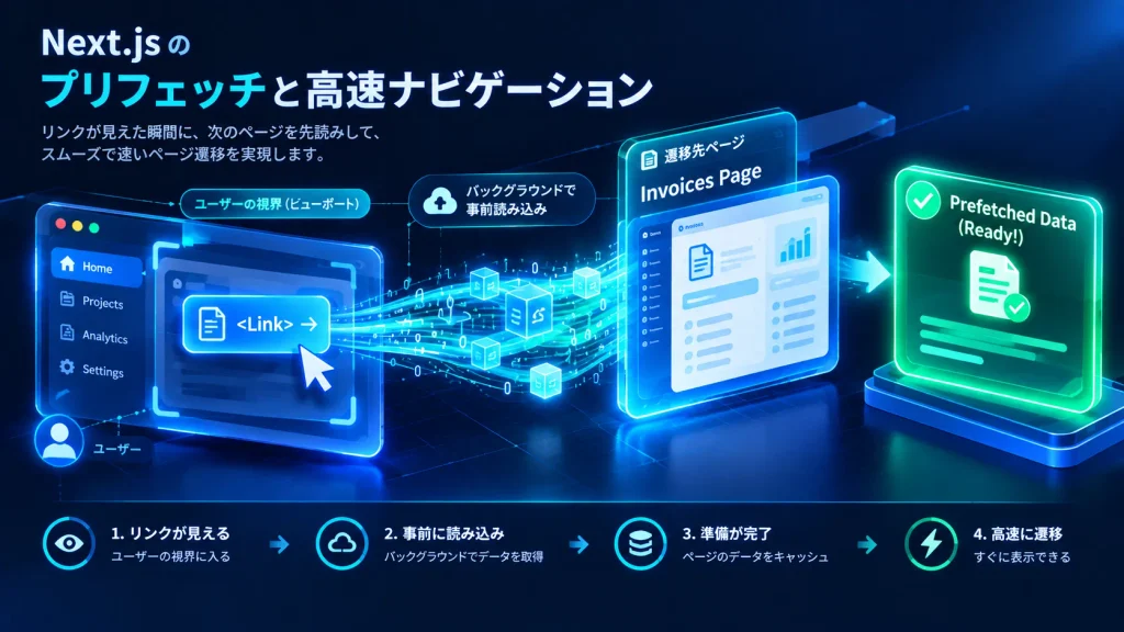 Next.jsのプリフェッチによって遷移先ページのデータを事前読み込みし、高速なページ遷移を実現する仕組みの図解
