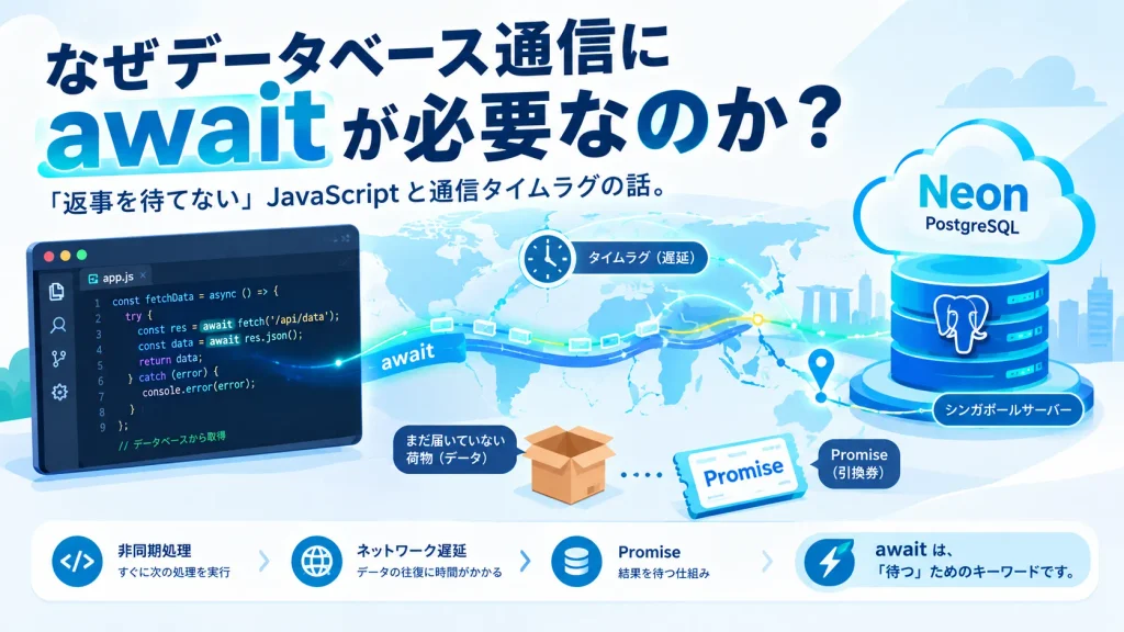 JavaScriptのawaitとPromiseを使ったデータベース通信の仕組みを示す図解