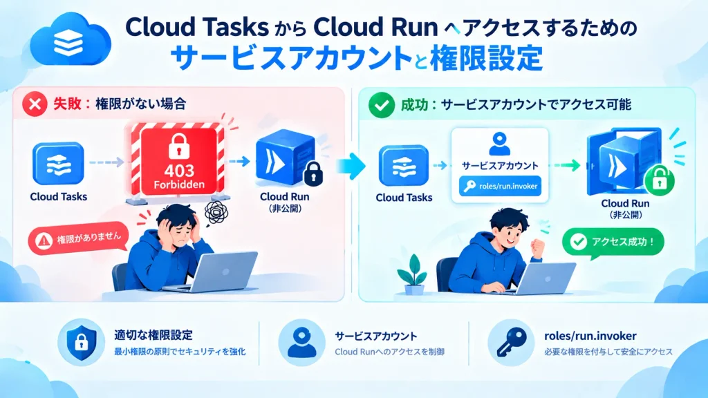 Cloud Tasksから非公開のCloud Runへサービスアカウントとroles/run.invokerでアクセスする方法の図解
