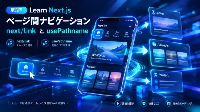 Next.jsのnext/linkとusePathnameを使ったページ間ナビゲーションの仕組みを示す図解