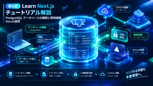 Learn Next.jsでPostgreSQLデータベースを構築し、環境変数を設定してVercelと連携する仕組みの図解