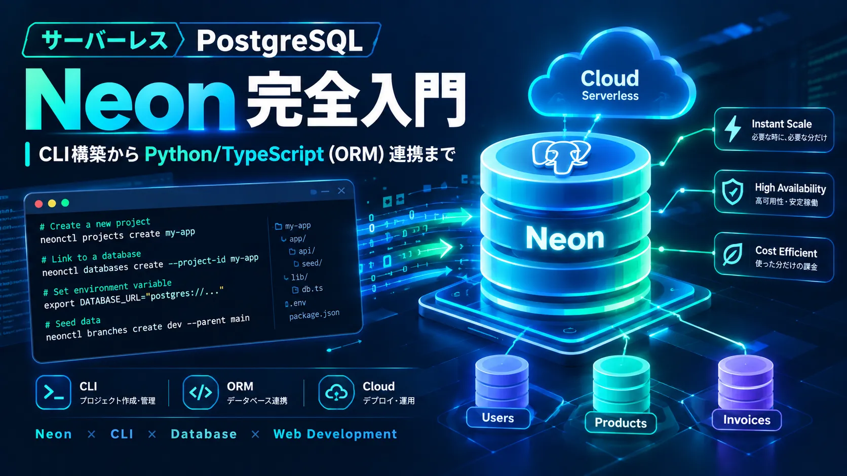 NeonのサーバーレスPostgreSQLをCLIで構築し、PythonやTypeScriptのORMと連携する方法を示した図解