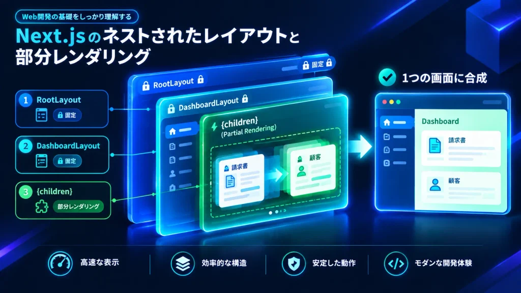 Next.jsのネストされたレイアウトと部分レンダリングの仕組みを示す図解