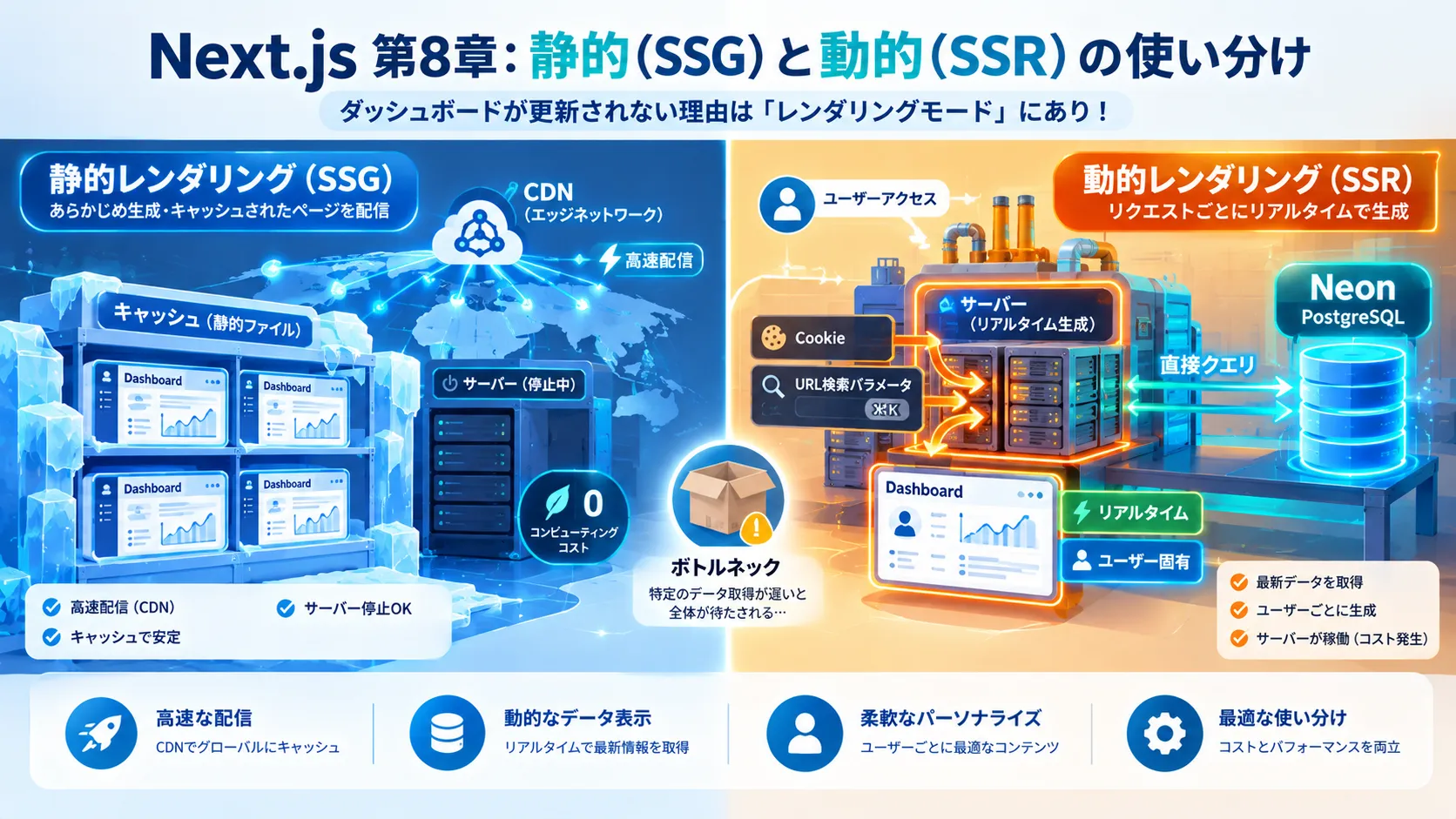 Next.jsの静的レンダリング（SSG）と動的レンダリング（SSR）の違いを比較した図。SSGはCDNのキャッシュから高速配信し、SSRはリクエストごとにサーバーで最新データを取得してページを生成する。