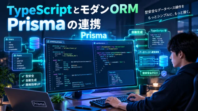 TypeScriptとPrisma ORMの連携を解説するイラスト。schema.prismaによるデータベース定義から型の自動生成、型安全なクエリによるデータ取得までの仕組みを表現。