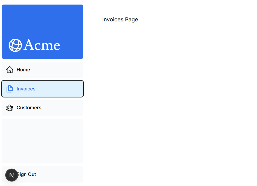 usePathnameフックでアクティブリンクを適用したダッシュボード画面のスクリーンショット